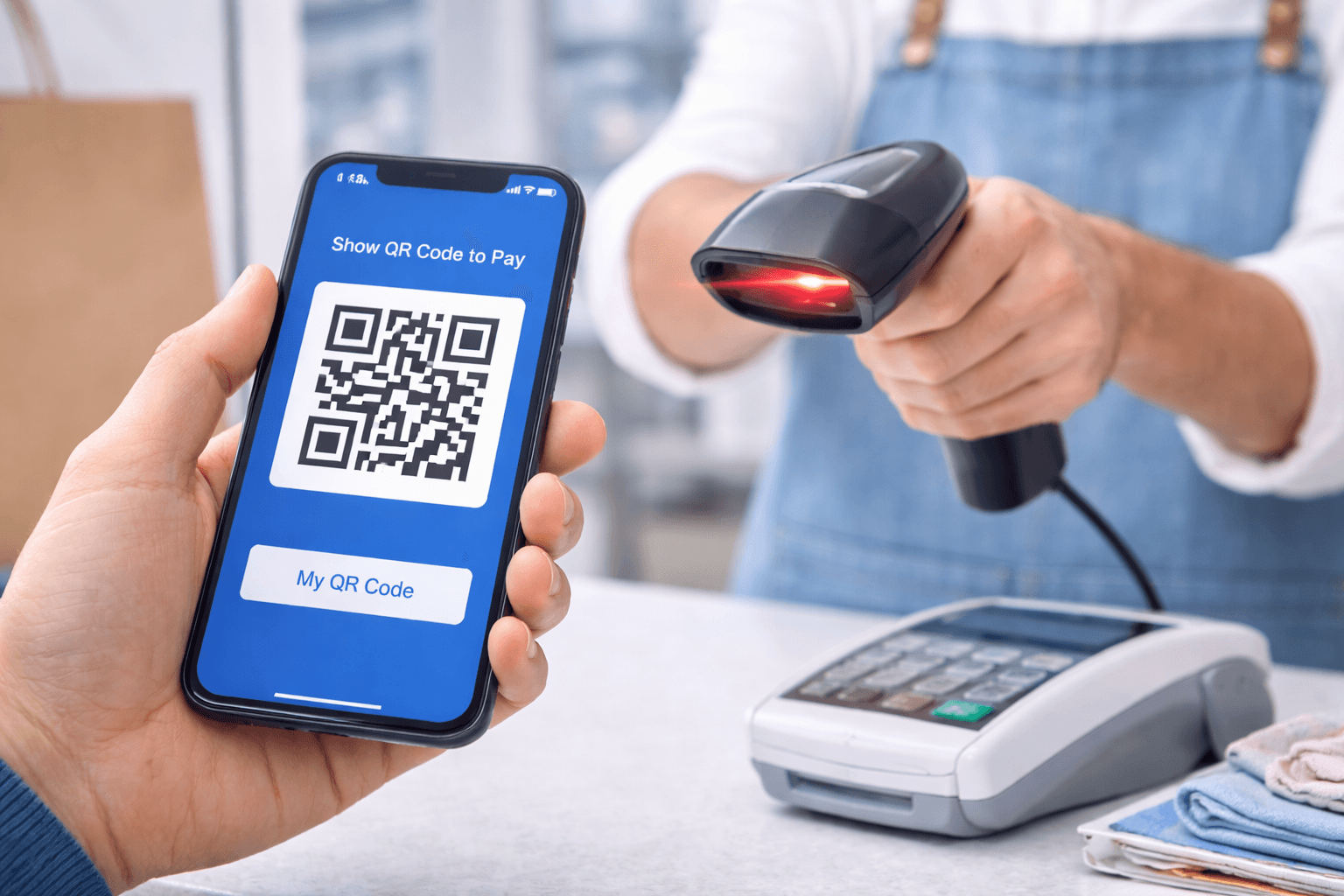 Consumer showing QR code to pay