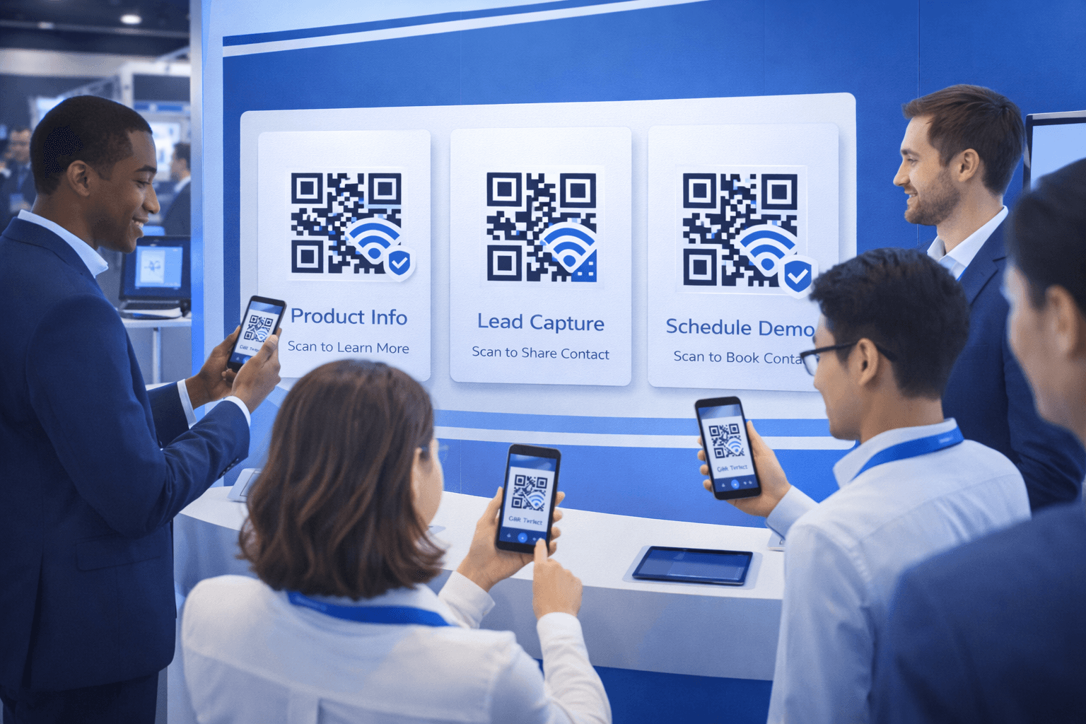 Exhibitor booth with various QR code touchpoints