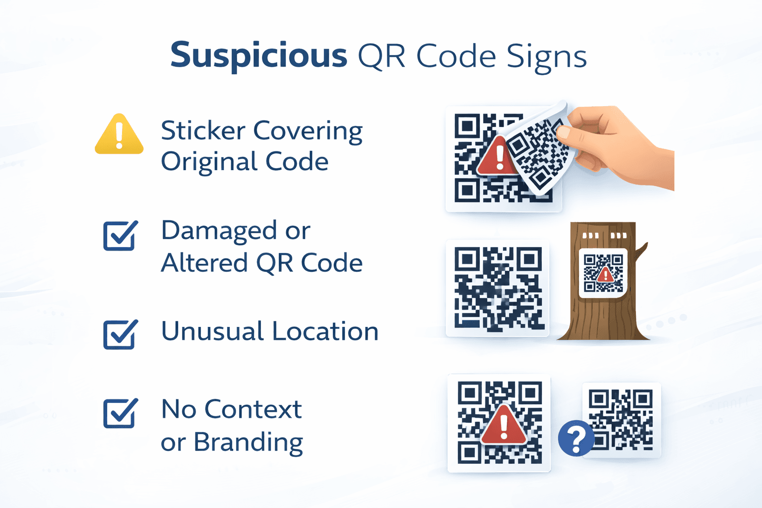 Examples of suspicious QR codes with red flag indicators