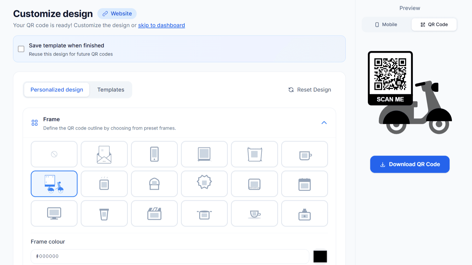QR Code Customization Interface - Choose frames, colors, and styles